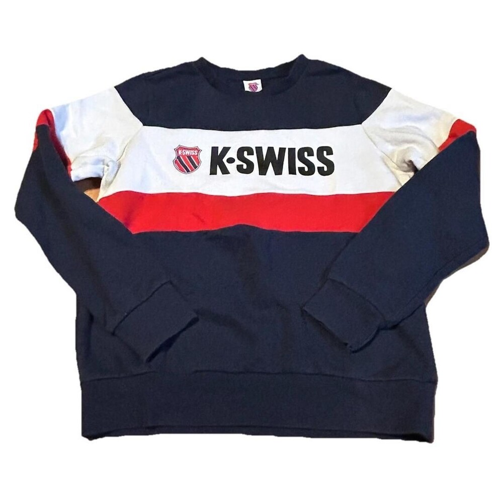 K-Swiss Crewneck Sweatshirt Mens Medium Navy Red White Colorblock Logo Pullover